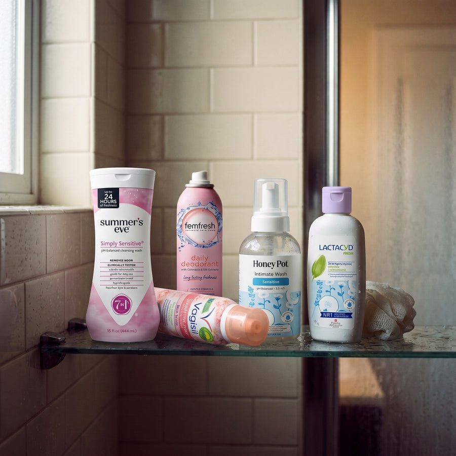 the gentle washes lined up on a shower shelf