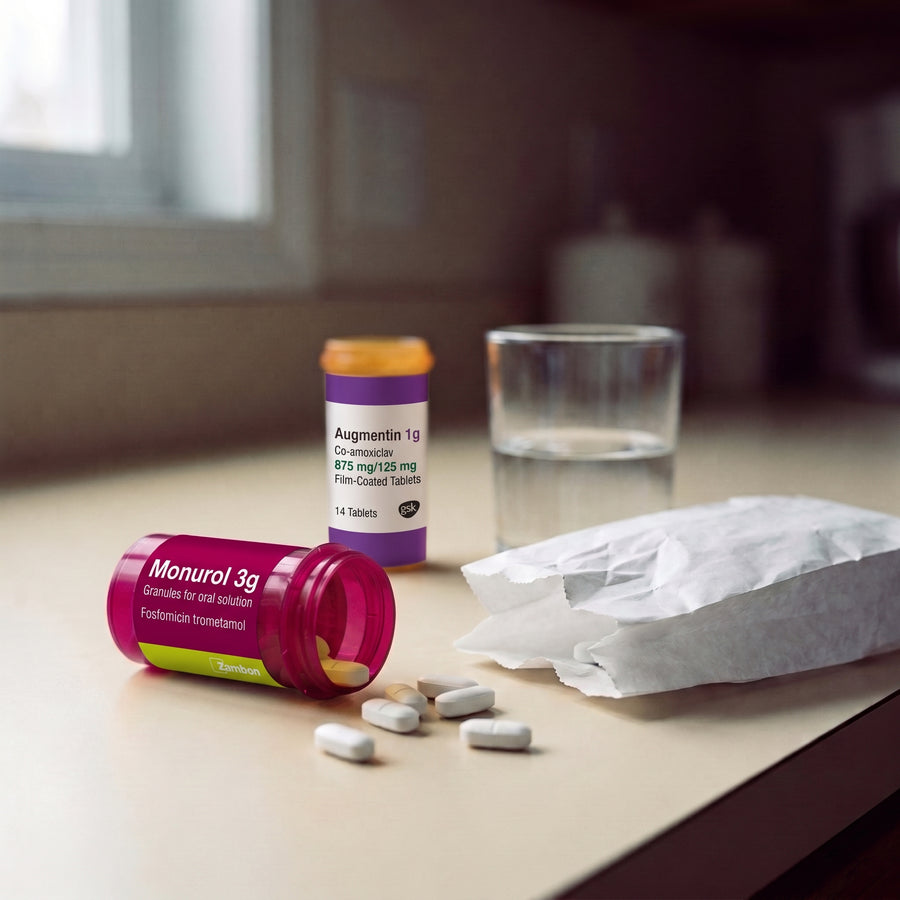a spilled prescription bottle — the refill before this one in the background
