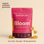bloom vaginal probiotic gummies pouch with golden heart gummies — two a day, 0g sugar, 60-day guarantee