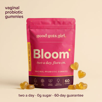 bloom vaginal probiotic gummies pouch with golden heart gummies — two a day, 0g sugar, 60-day guarantee