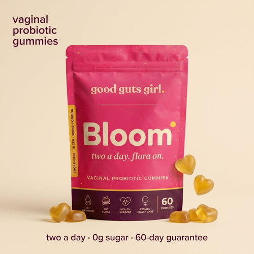 bloom vaginal probiotic gummies pouch with golden heart gummies — two a day, 0g sugar, 60-day guarantee