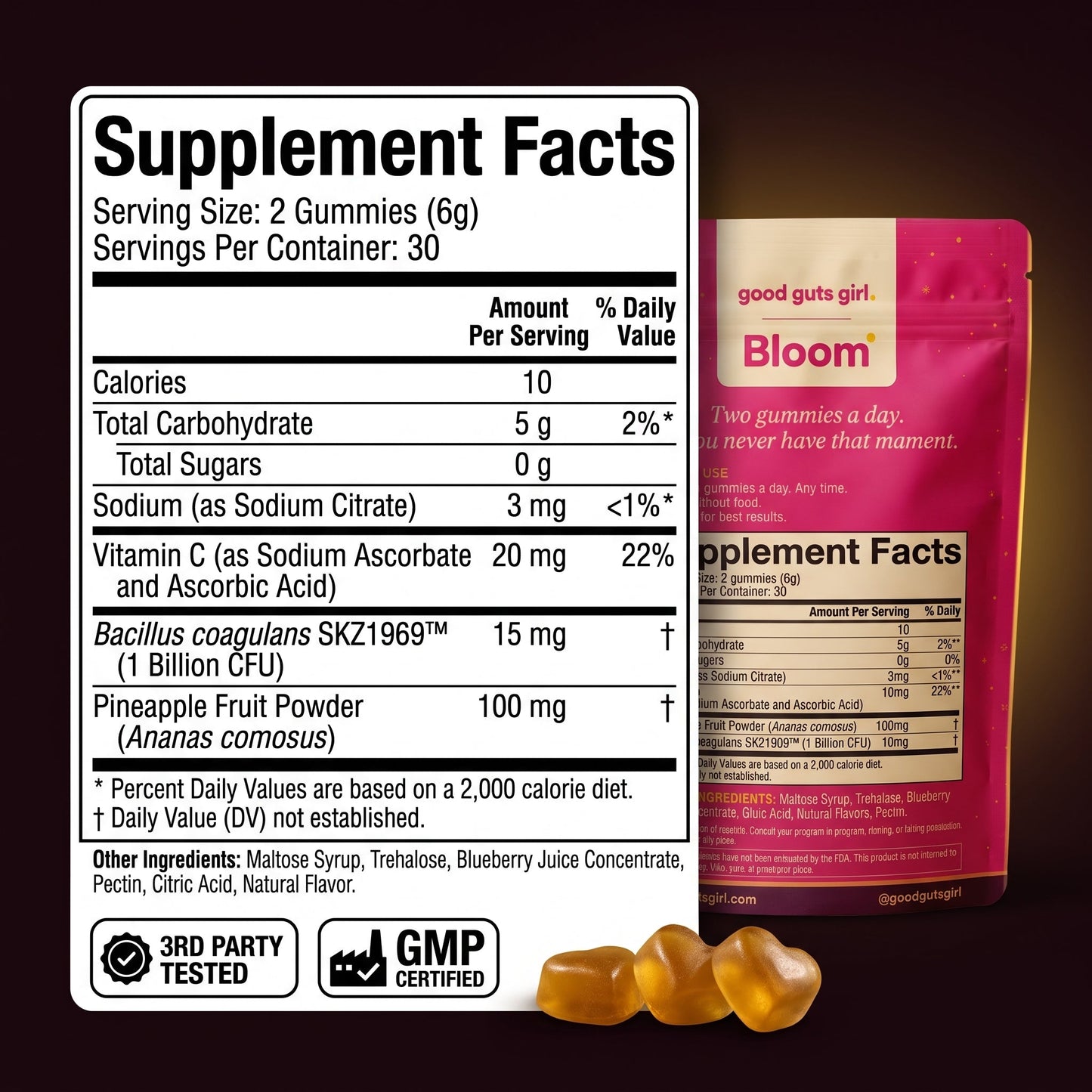 bloom supplement facts — 2 gummies, 10 calories, 0g sugar, bacillus coagulans skz1969 1 billion cfu, pineapple 100mg, vitamin c 20mg