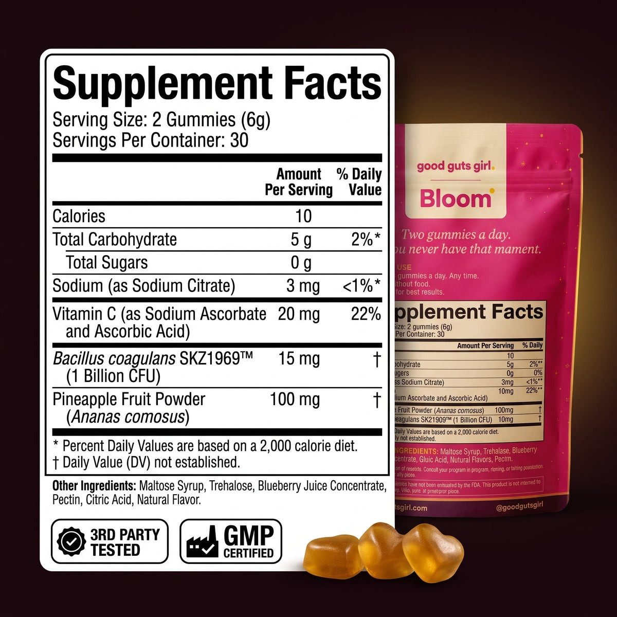 bloom supplement facts — 2 gummies, 10 calories, 0g sugar, bacillus coagulans skz1969 1 billion cfu, pineapple 100mg, vitamin c 20mg