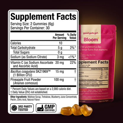 bloom supplement facts — 2 gummies, 10 calories, 0g sugar, bacillus coagulans skz1969 1 billion cfu, pineapple 100mg, vitamin c 20mg