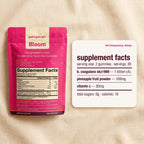 bloom supplement facts — 2 gummies, 1 billion cfu b. coagulans, 100mg pineapple, 20mg vitamin c, 0g sugar