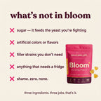 what's not in bloom — no sugar, no artificial colors, no filler strains, no fridge needed, no shame