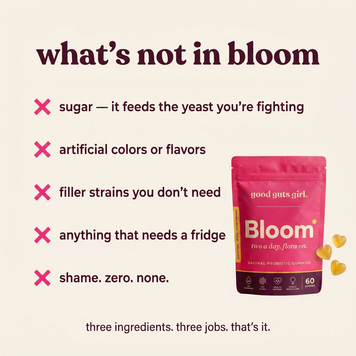 what's not in bloom — no sugar, no artificial colors, no filler strains, no fridge needed, no shame