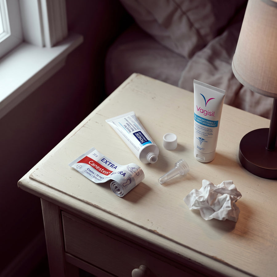used-up cream tubes on a nightstand