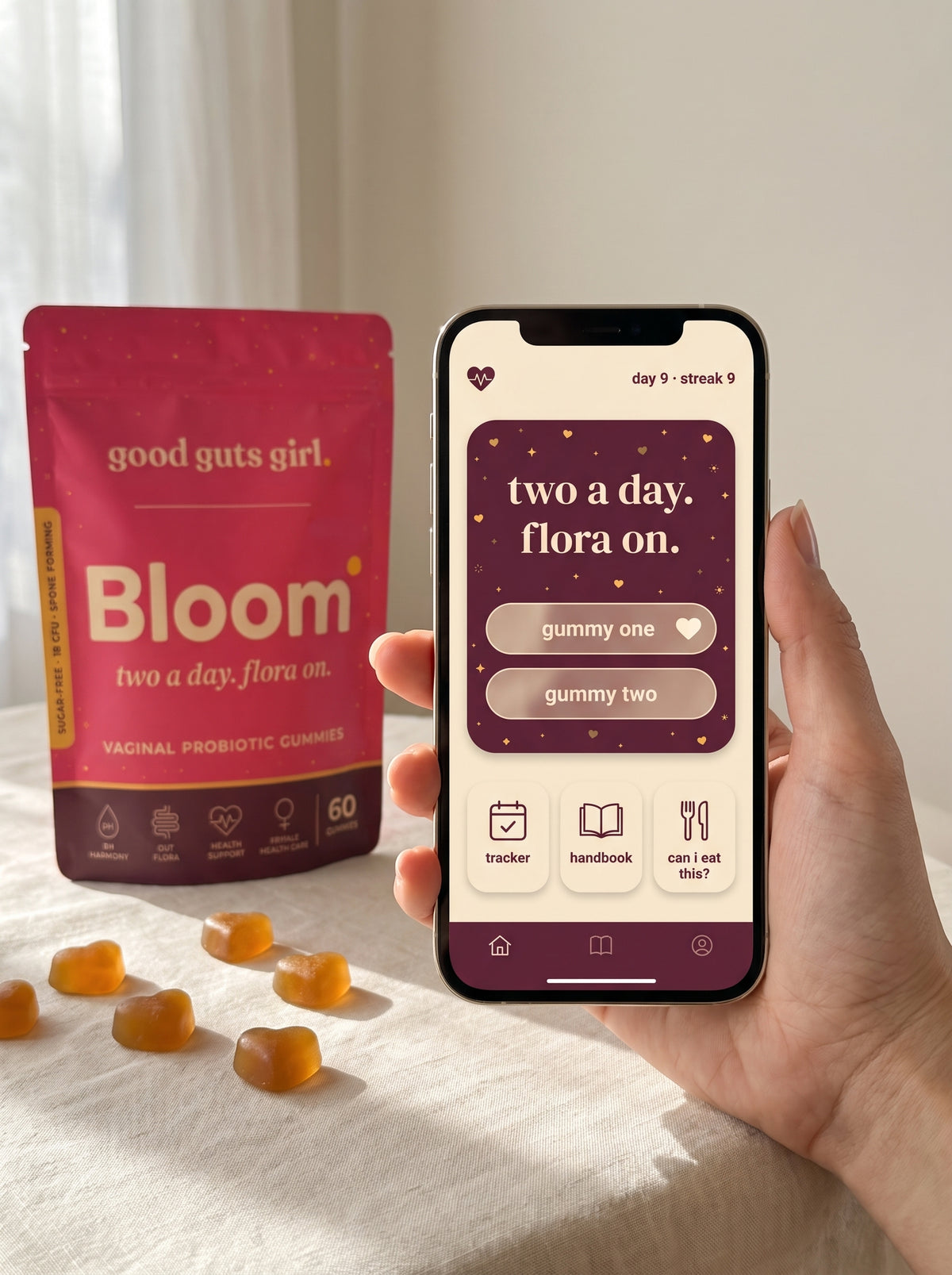 the bloom app on a phone next to the bloom pouch — daily gummy tracker, flora handbook and the can-i-eat-this food checker