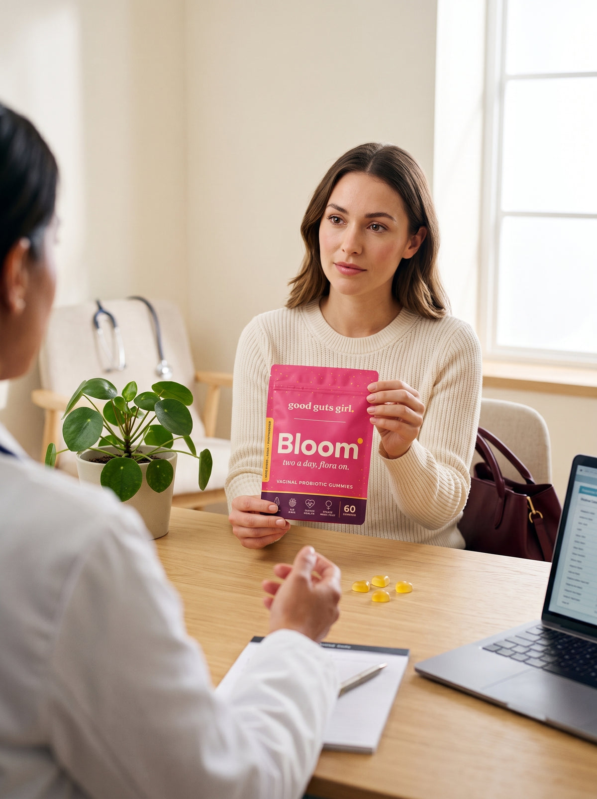 a woman showing the bloom label to her doctor — a conversation, not an endorsement