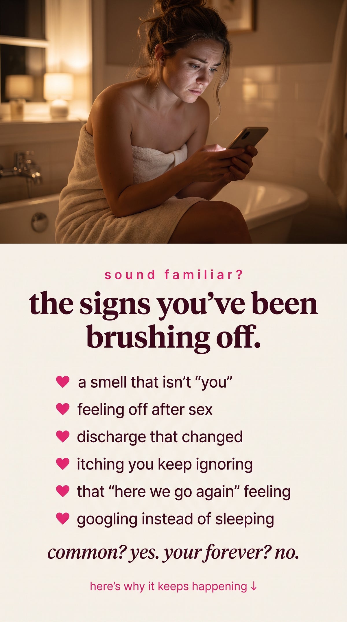 a woman on the edge of her bathtub, reading search results she has read before