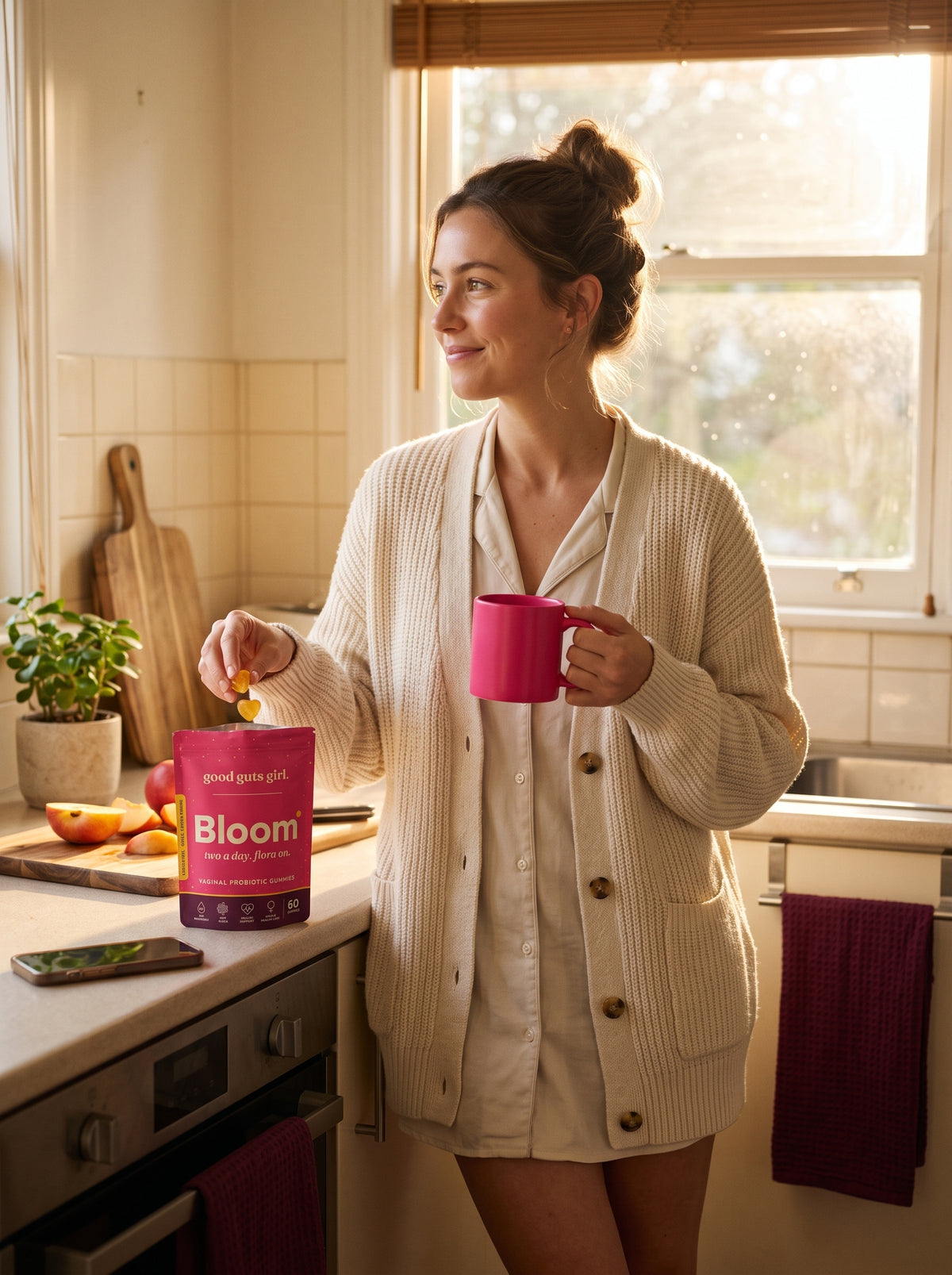 the fortieth morning — gummies with coffee, phone face-down, mind already on her day